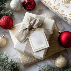 Gift box with festive label and ribbon, surrounded by wrapping paper and ornaments, top view