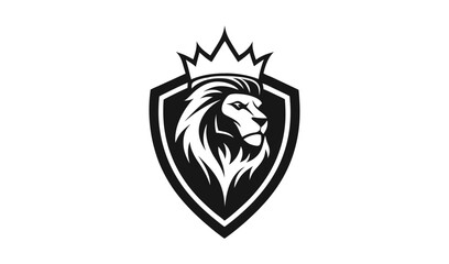 Obraz premium Majestic lion head emblem with crown on shield symbolizing power and royalty