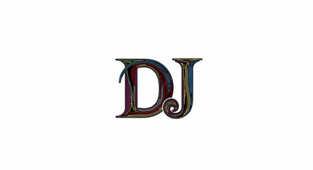 The letters "DJ" are presented in an ornate, colorful, and stylized design against a white background.