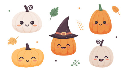 Smiling pumpkins with cheerful faces and witch hat in a flat style, fun Halloween and autumn themes