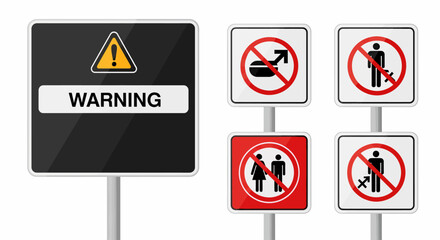Collection of warning signs and prohibition symbols on posts, isolated against a white background.
