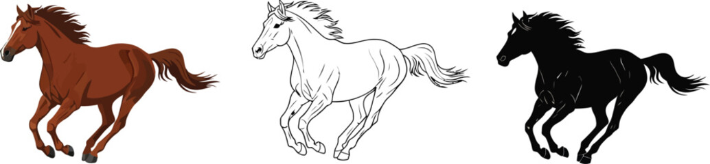 Obraz premium Running horse vector illustration: brown, outline, and black horse clip art for graphic design projects