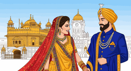 A Sikh couple in traditional wedding attire holding hands, with the Golden Temple and other buildings in the background.