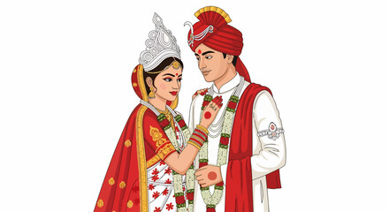 Illustration of a Bengali wedding couple in traditional attire, gazing at each other.