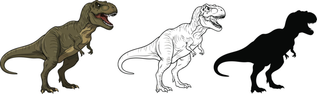 T rex illustration vector image of tyrannosaurus rex dinosaur in color outline and silhouette art