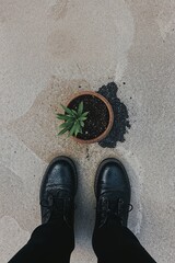 A small plant in a terracotta pot, situated on a light gray surface, with black leather boots positioned above it.