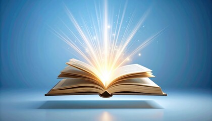 An open book with a burst of bright light shining upward symbolizes knowledge, inspiration, and the power of education and enlightenment.