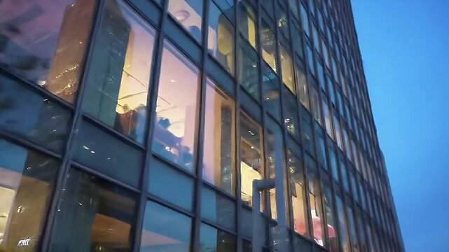 Sleek contemporary glass high rise building facade at twilight reflecting vibrant city lights and internal activity a symbol of modern urban architecture and business success