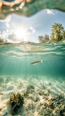 Clear water view showing single fish swimming above sandy lake bottom with plants, sunny sky and trees above the water surface.
