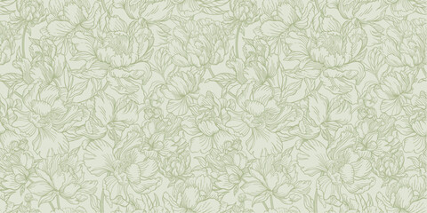 Seamless floral pattern with delicate green peonies. Modern minimalistic  botanical background.