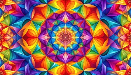 Vibrant rainbow geometric kaleidoscope pattern with 3D effects abstract symmetrical design