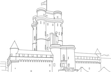Detailed black and white line art illustration of the historic Ch�teau de Vincennes, a magnificent medieval fortress in Paris, France, showcasing its imposing keep, towers, and fortified walls.