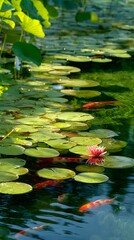 Blooming Pink Water Lily with Koi Fish Beneath Lily Pads in Tranquil Garden Pond Surrounded by Lush Greenery and Reflected Sunlight