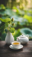 Lotus Tea Ritual by the Lakeside – Serene Still Life of Teapot and Blooming Flowers Embracing Nature's Calm, Awareness, and Tranquil Pause