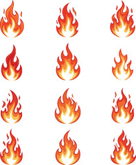 Set of burning fire flame icons, vector symbols for hot blaze design