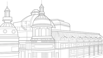 Elegant line art illustration of a historic Parisian building, capturing the intricate architectural details of its domes and classical fa�ade. Ideal for design, travel, and cultural projects.