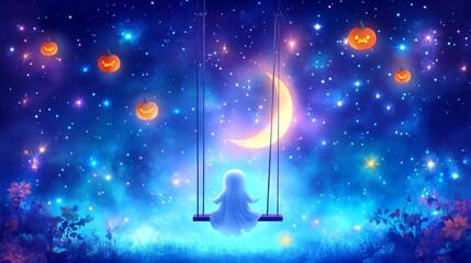 A little ghost on a swing looks at the crescent moon and jack o lanterns flying in deep blue starry sky. Halloween dreamlike illustration. Samhain