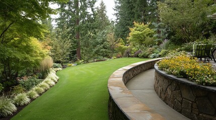 Obraz premium Lush garden scene featuring vibrant flowers and manicured lawn in a serene, green landscape.