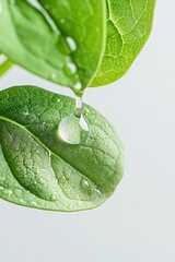 Fototapeta premium Green leaves closeup with water droplet. Clear water drips from fresh leaf. Dew on plant foliage. Nature and environment detail.