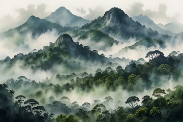 Mist-covered mountains in the rainforest
