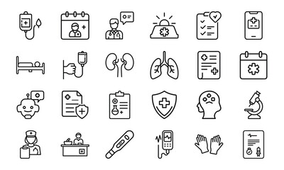 Medical and Healthcare Line Icon Set Vol. 2 – Emergency, Telemedicine, Insurance, Mental Health, Microscope and Diagnosis Symbols