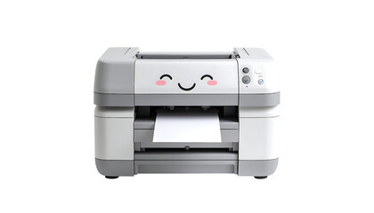 A printer with a cute smiling face on its front, printing a blank white sheet of paper.