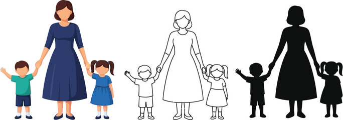 Mother with children vector illustration family love parenting happy mom kid child care design 95