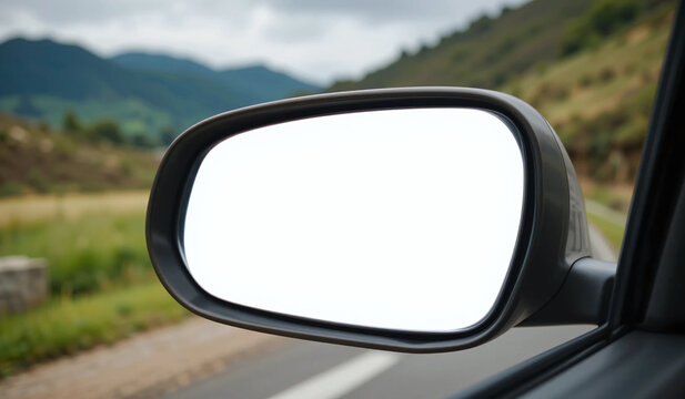 Close-up of a car's side mirror reflecting a blank white space. The background shows a blurry road and landscape. Ideal for transportation, travel, or safety concepts.