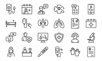 Medical and Healthcare Line Icon Set Vol. 2 – Emergency, Telemedicine, Insurance, Mental Health, Microscope and Diagnosis Symbols