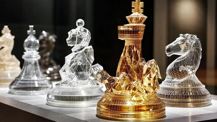 Transparent, wireframe chess pieces on a board