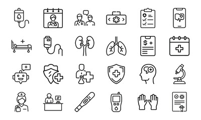 Medical and Healthcare Line Icon Set Vol. 2 – Emergency, Telemedicine, Insurance, Mental Health, Microscope and Diagnosis Symbols