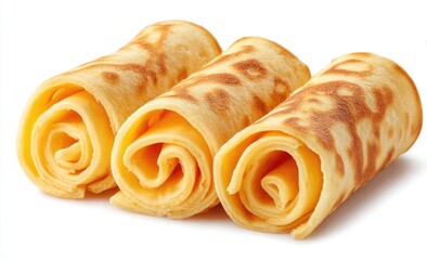 Fototapeta premium Three golden-brown crepe rolls, tightly swirled, showcasing a pale yellow interior, lie on a pristine white background
