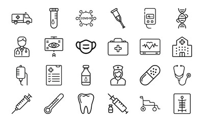 Medical and Healthcare Line Icon Set Vol. 1 – Doctor, Hospital, Medicine, Covid and First Aid Outline Vector Pack