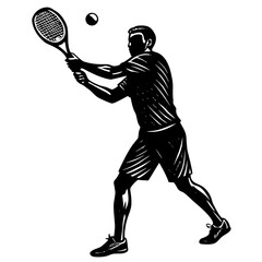 Tennis player hitting ball black and white silhouette vector illustration