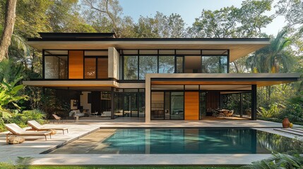 Fototapeta premium Modern house with pool in forest, sunny day