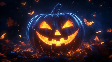 Naklejka premium Glowing halloween pumpkin jack lantern on a dark night with falling leaves and bats. Spooky seasonal decoration. Samhain