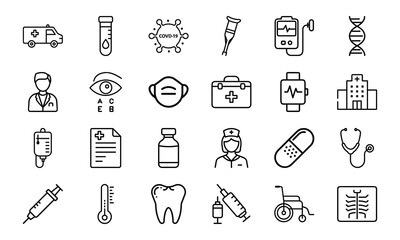 Medical and Healthcare Line Icon Set Vol. 1 – Doctor, Hospital, Medicine, Covid and First Aid Outline Vector Pack
