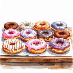 A colorful assortment of nine frosted donuts arranged in three rows on a white surface with a wooden base