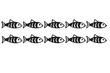 Twelve black and white stylized fish arranged in two rows on a white background pattern repetition