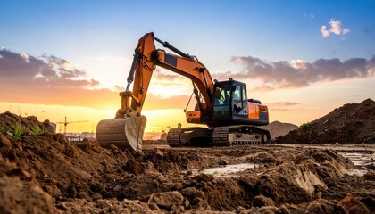 Obraz premium The orange excavator digs into the dirt on a construction site, with a beautiful sunset in the background illuminating the heavy equipment.
