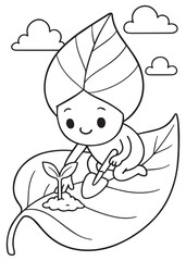 Coloring book page of aphid planting on a leaf with a stick.