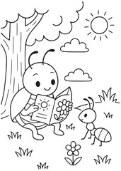 Coloring book aphid reading a book with an ant.