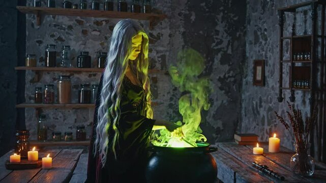 Mysterious witch conjures green potion in ancient stone cottage at night
