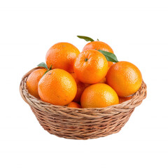 Fresh Orange Tangerines  in Wicker Basket on Transparent Background