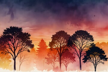 Silhouettes of trees against a colorful dusk sky