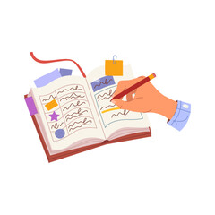 Hand writing plan with pencil. Vector memo or planner, notebook for planning. Workspace journal or personal diary for daily organization or weekly management. Checklist or timetable, schedule, plan.