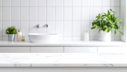Marble countertop with bathroom background.