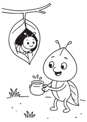 Coloring book aphid talking to friend in leaf tent.