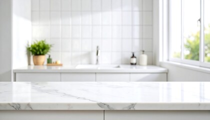 Marble countertop with modern kitchen blur.
