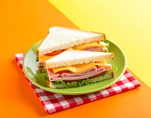 Retro ham and cheese sandwich on green plate with lettuce, tomato, and toast, styled with bold colors and checkered napkin for a playful diner vibe.